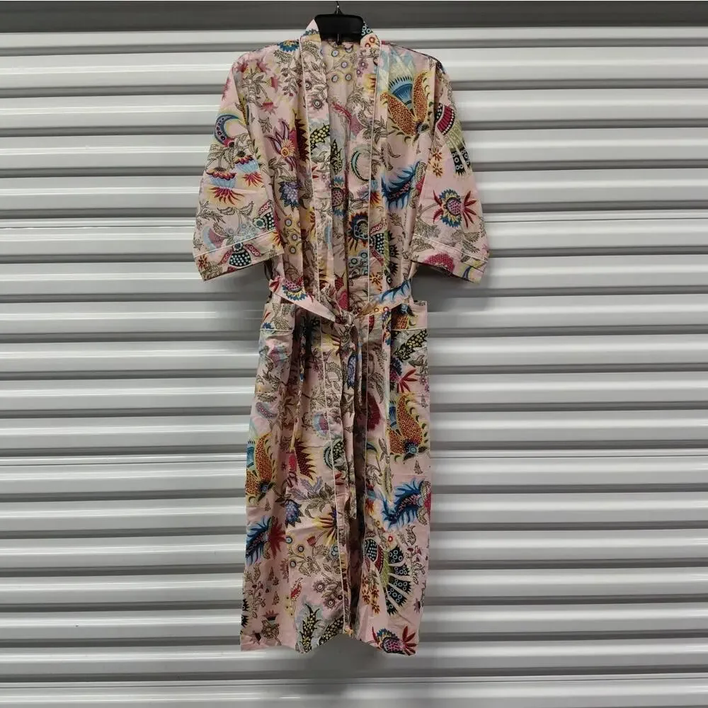 Pink Floral Kimono Robe One Size Boho Spa Lounge Cover Up Sleepwear Vacation